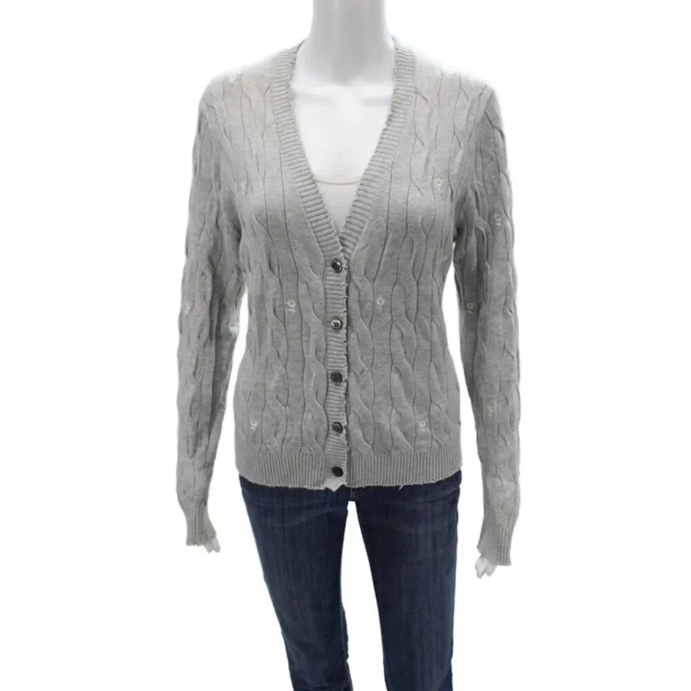 Minnie Rose Unisex Gray V-Neck Floral Button Cardigan Long Sleeve Size S